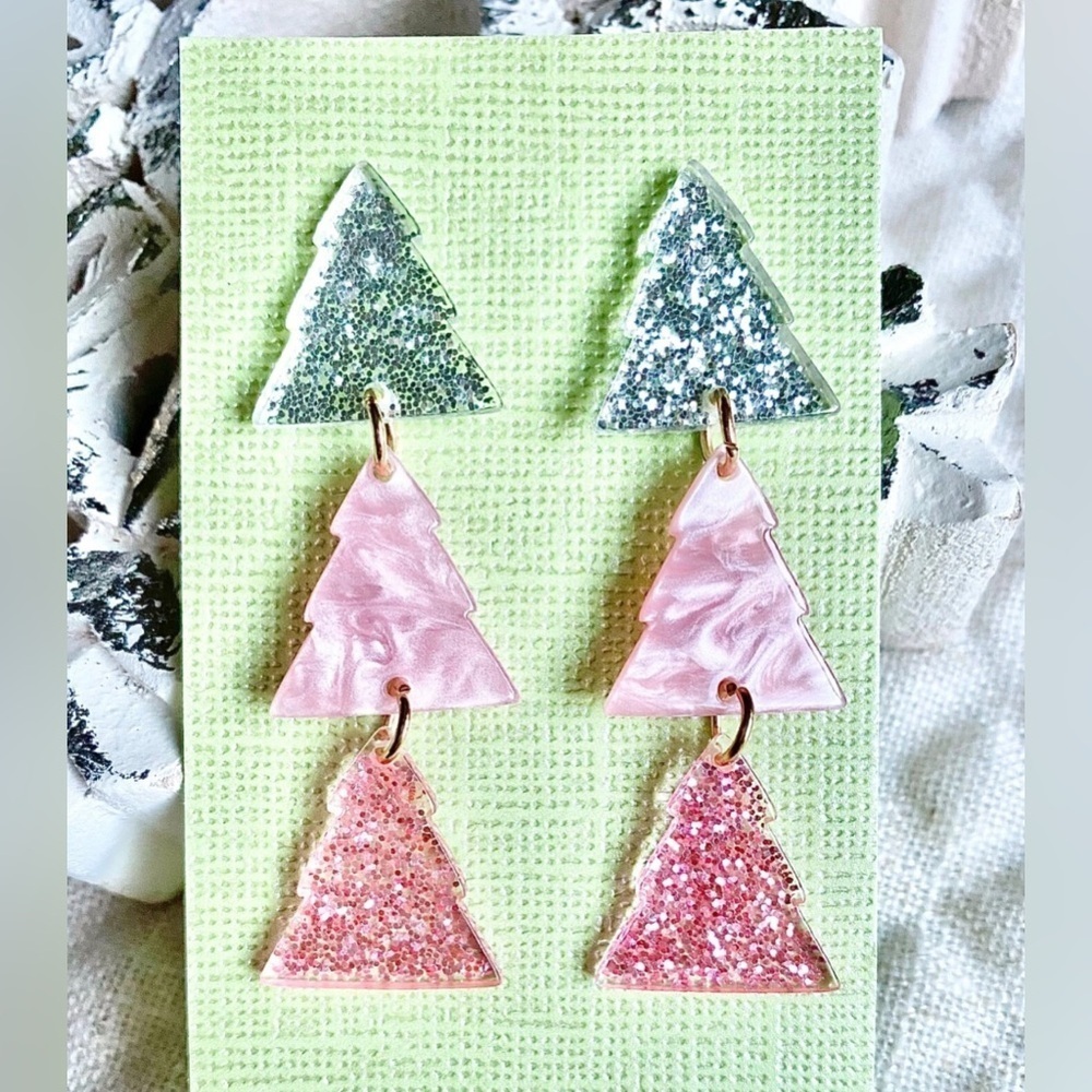 New Pink & Silver Christmas Tree Glitter Retro 80s Style Acrylic Earrings 2.25”